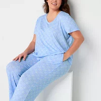Jaclyn Womens Plus V-Neck Short Sleeve 2-pc. Pajama Sets