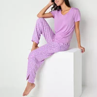 Jaclyn Womens V-Neck Short Sleeve 2-pc. Pant Pajama Set