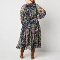 Danny & Nicole Womens 3/4 Sleeve Floral Midi Fit + Flare Dress Plus