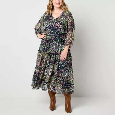 Danny & Nicole Womens 3/4 Sleeve Floral Midi Fit + Flare Dress Plus