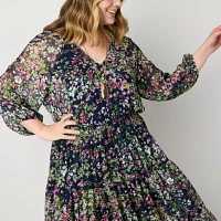 Danny & Nicole Womens 3/4 Sleeve Floral Midi Fit + Flare Dress Plus