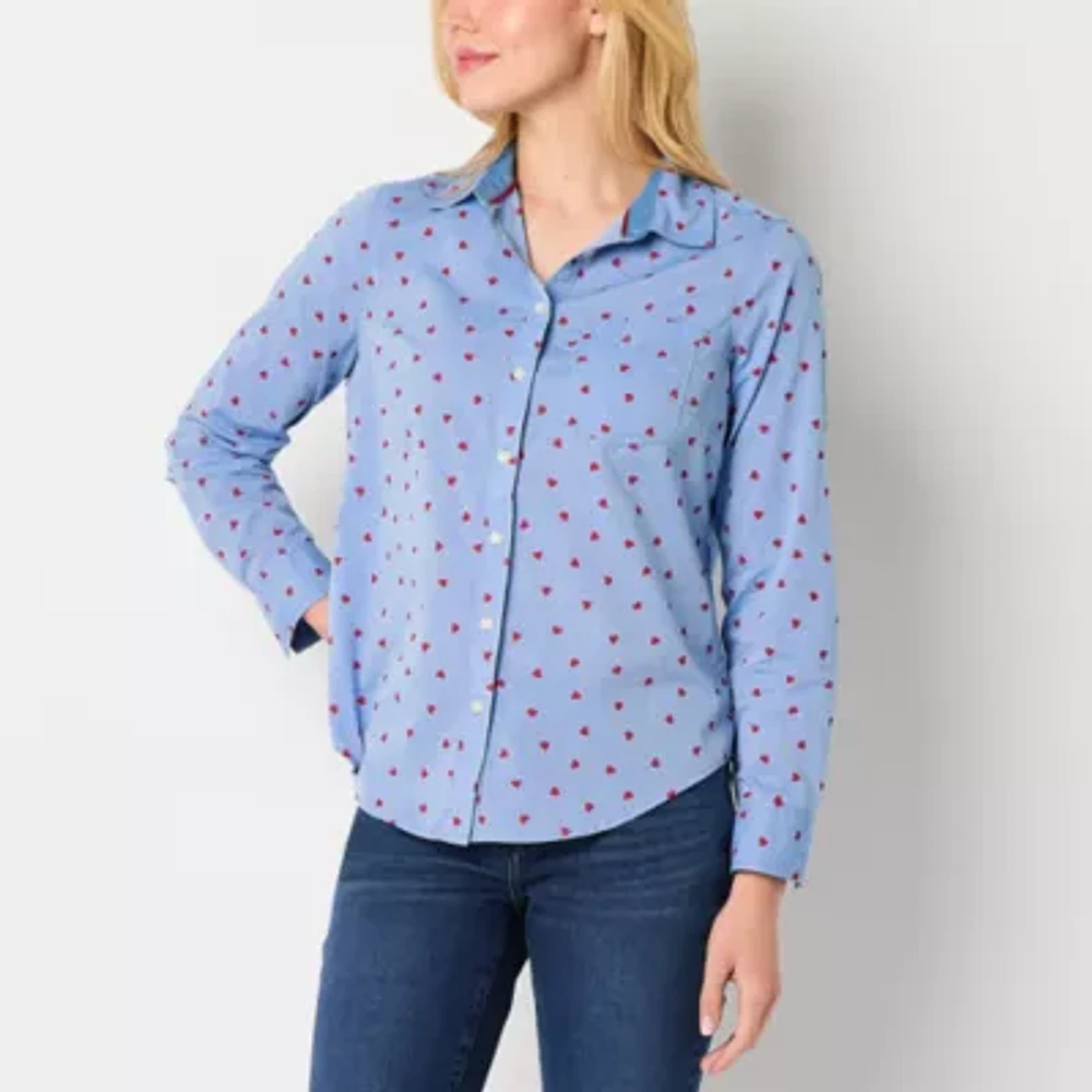 St. John's Bay Petite Womens Long Sleeve Regular Fit Button-Down Shirt