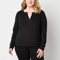 a.n.a Plus Ribbed Womens Split Crew Neck Long Sleeve Henley Shirt