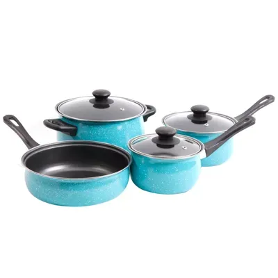 Casselman 7 pc - Turquoise - Enamel Look - Bakelite Snow Handle - Carbon Steel Cookware Set
