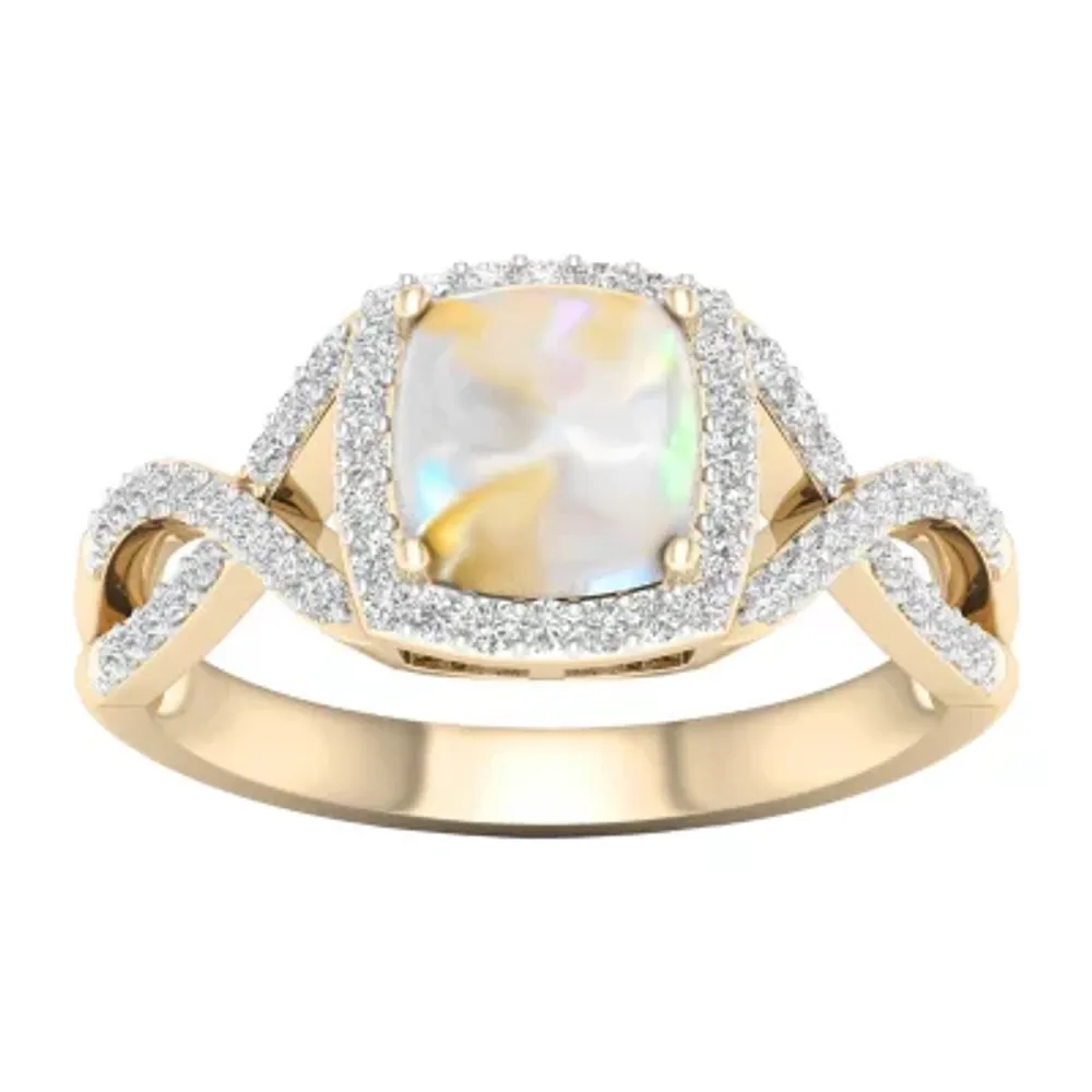 Womens Lab Created Opal 10K Gold Over Silver Halo Cocktail Ring