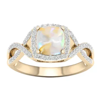 Womens Lab Created Opal 10K Gold Over Silver Halo Cocktail Ring