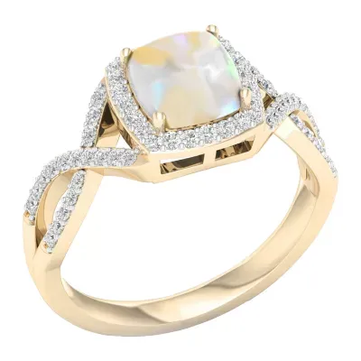 Womens Lab Created Opal 10K Gold Over Silver Halo Cocktail Ring