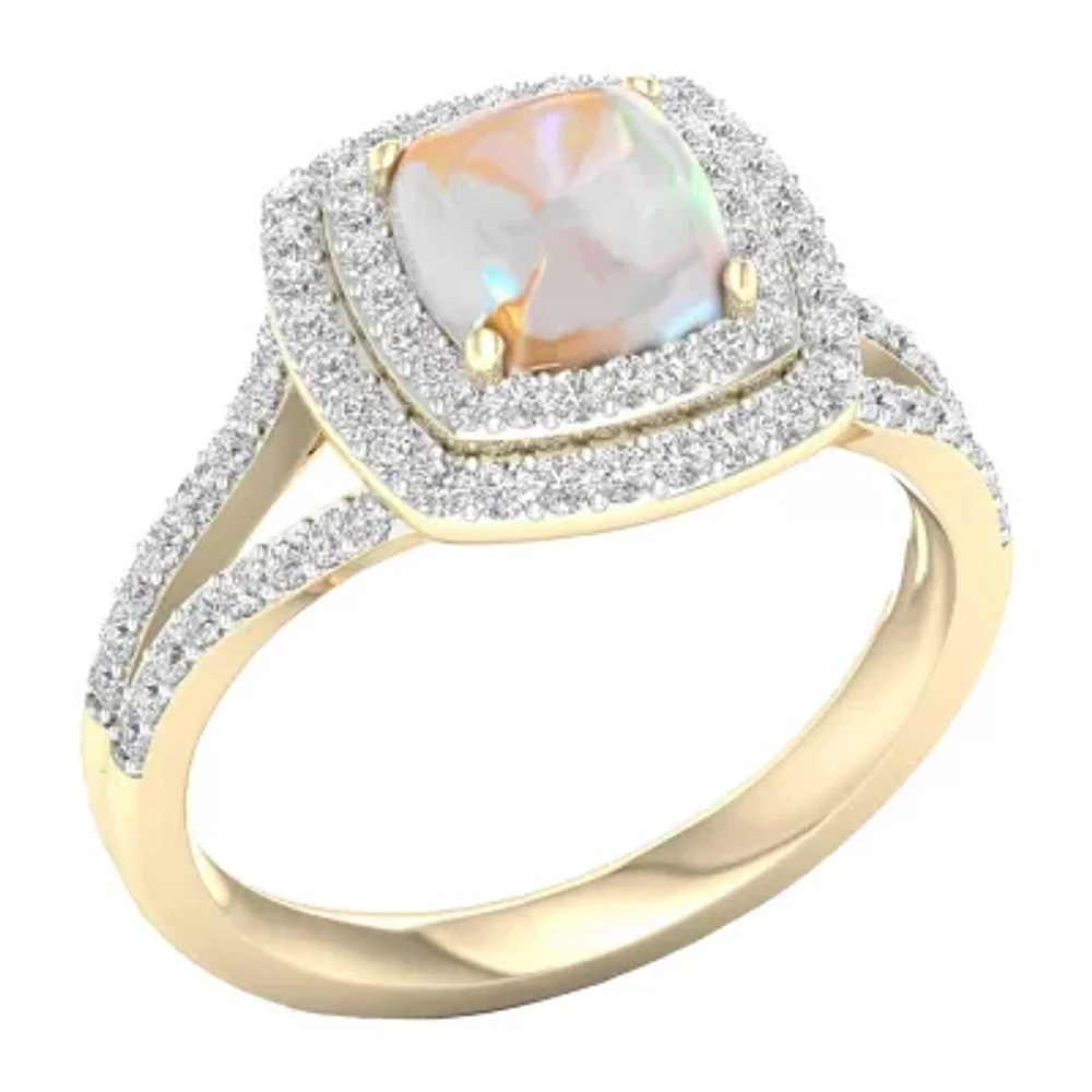 Womens Lab Created Opal 10K Gold Over Silver Halo Cocktail Ring