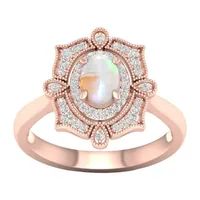 Womens Lab Created Opal 10K Rose Gold Over Silver Halo Cocktail Ring