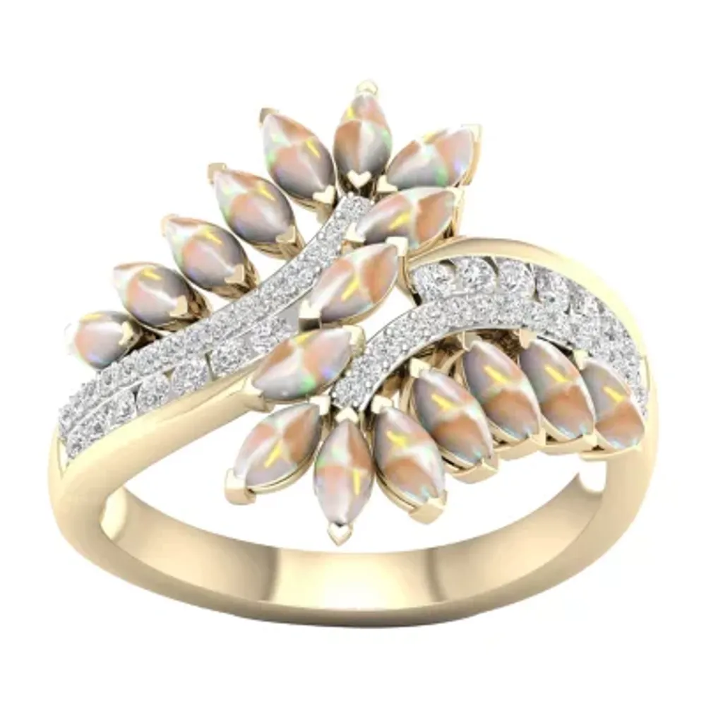 Womens Lab Created Opal 10K Gold Over Silver Bypass Cocktail Ring