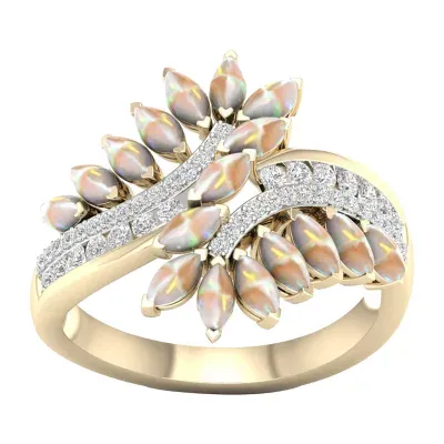 Womens Lab Created Opal 10K Gold Over Silver Bypass  Cocktail Ring
