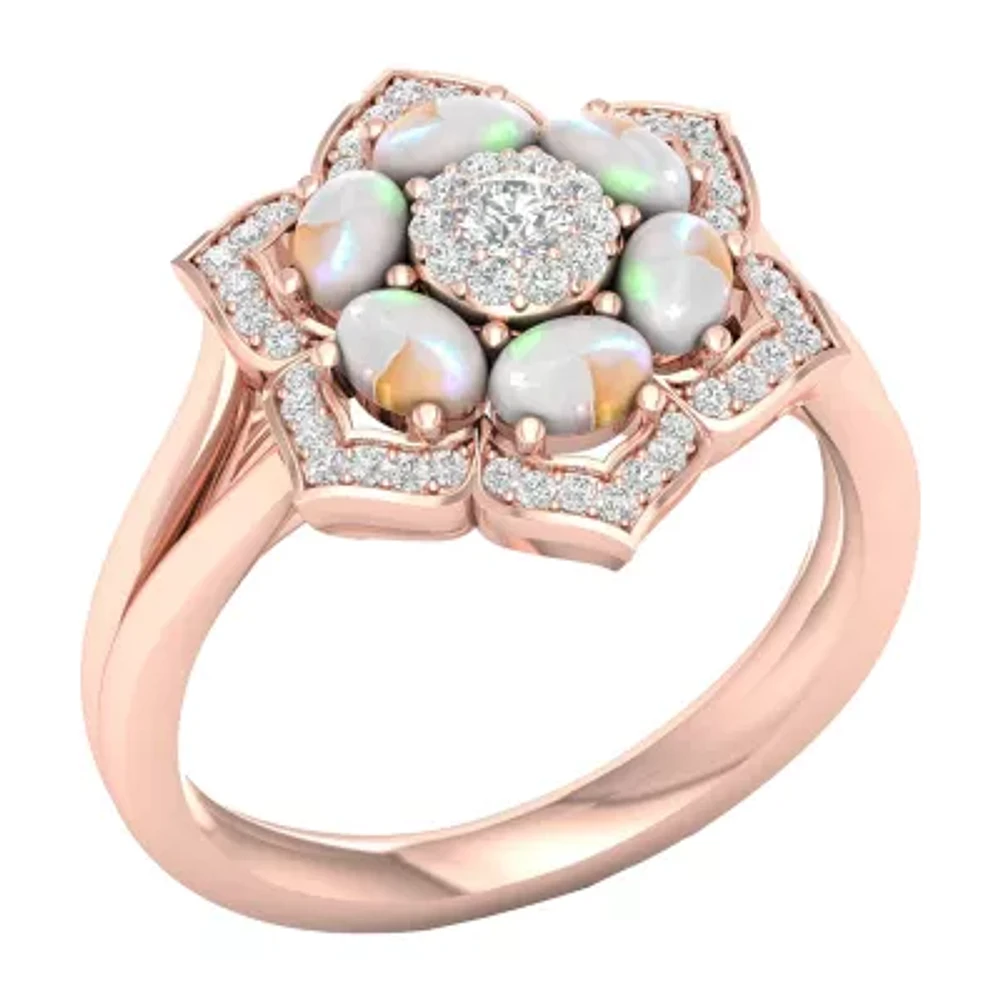 Womens Lab Created Opal 10K Rose Gold Over Silver Halo Cocktail Ring