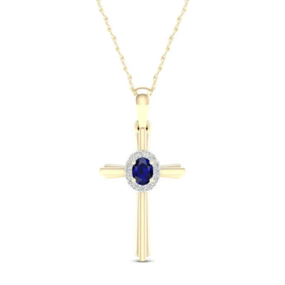 Womens Genuine Blue Sapphire 10K Gold Cross Pendant Necklace
