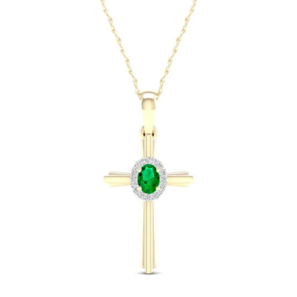 Womens Genuine Green Emerald 10K Gold Cross Pendant Necklace