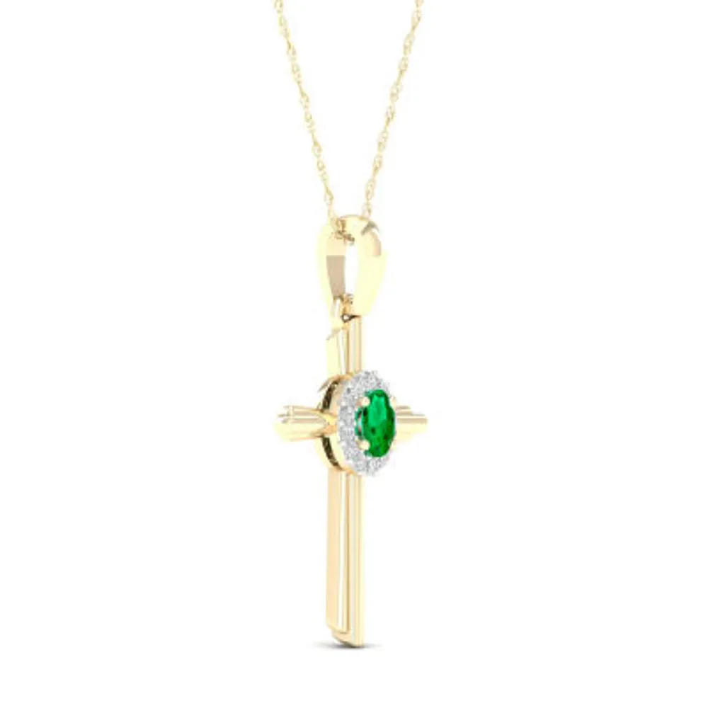 Womens Genuine Green Emerald 10K Gold Cross Pendant Necklace