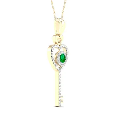 Womens Genuine Green Emerald 10K Gold Keys Pendant Necklace