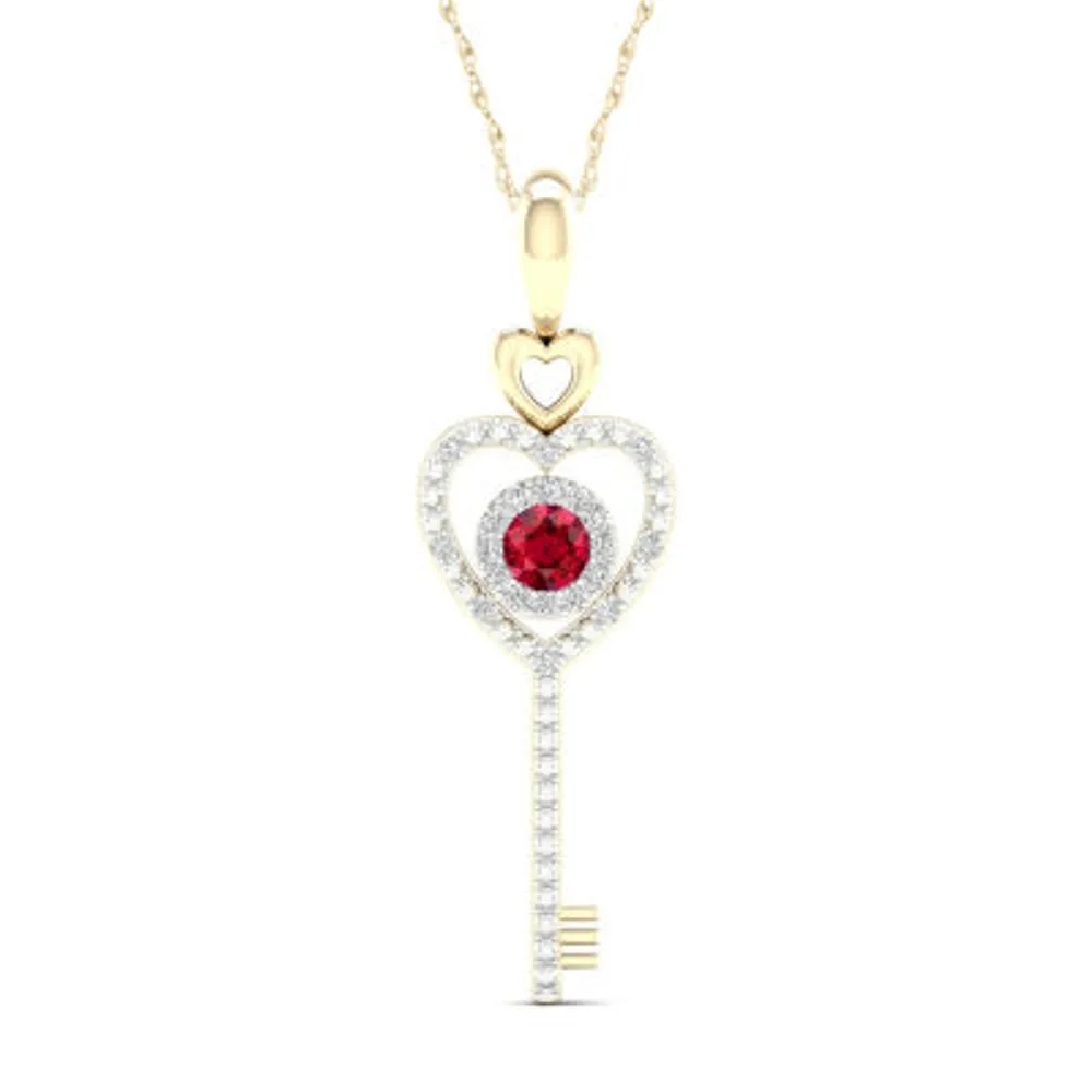 Womens Lead Glass-Filled Red Ruby 10K Gold Heart Keys Pendant Necklace