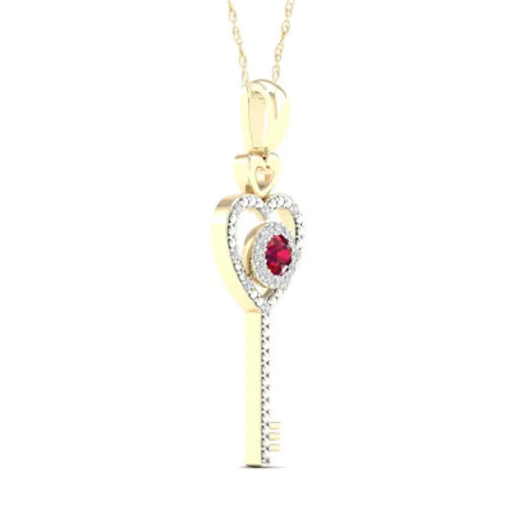 Womens Lead Glass-Filled Red Ruby 10K Gold Heart Keys Pendant Necklace
