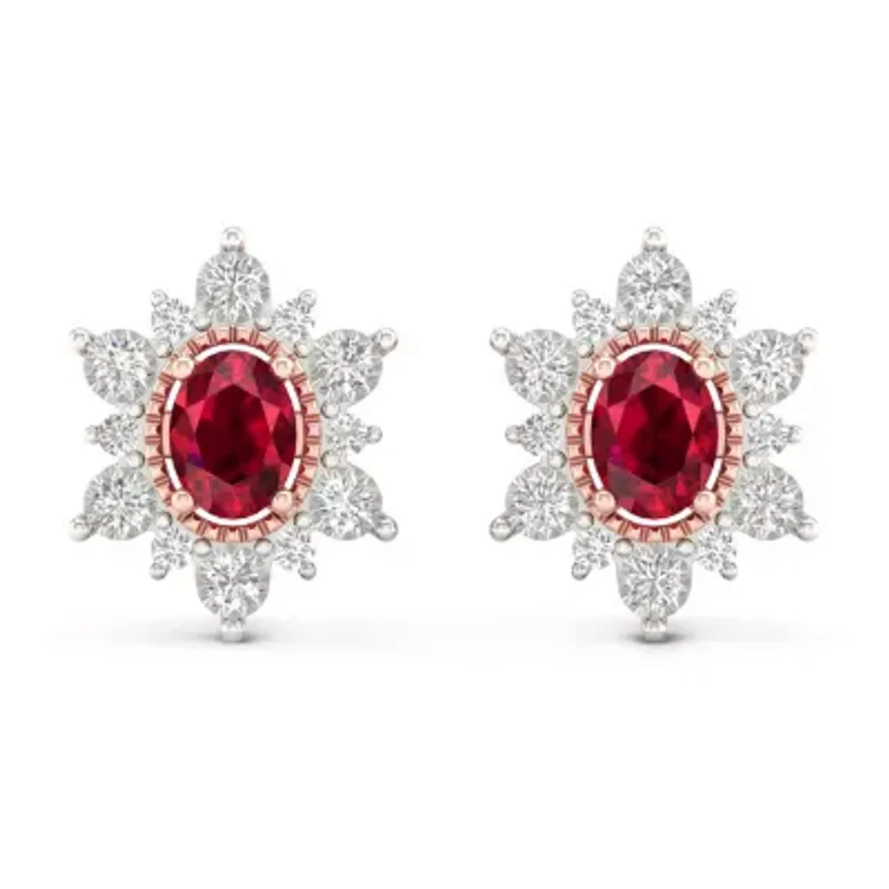 Lead Glass-Filled Red Ruby 10K Gold 11.4mm Flower Stud Earrings