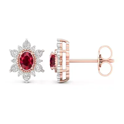 Lead Glass-Filled Red Ruby 10K Gold 11.4mm Flower Stud Earrings