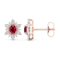 Lead Glass-Filled Red Ruby 10K Gold 11.4mm Flower Stud Earrings