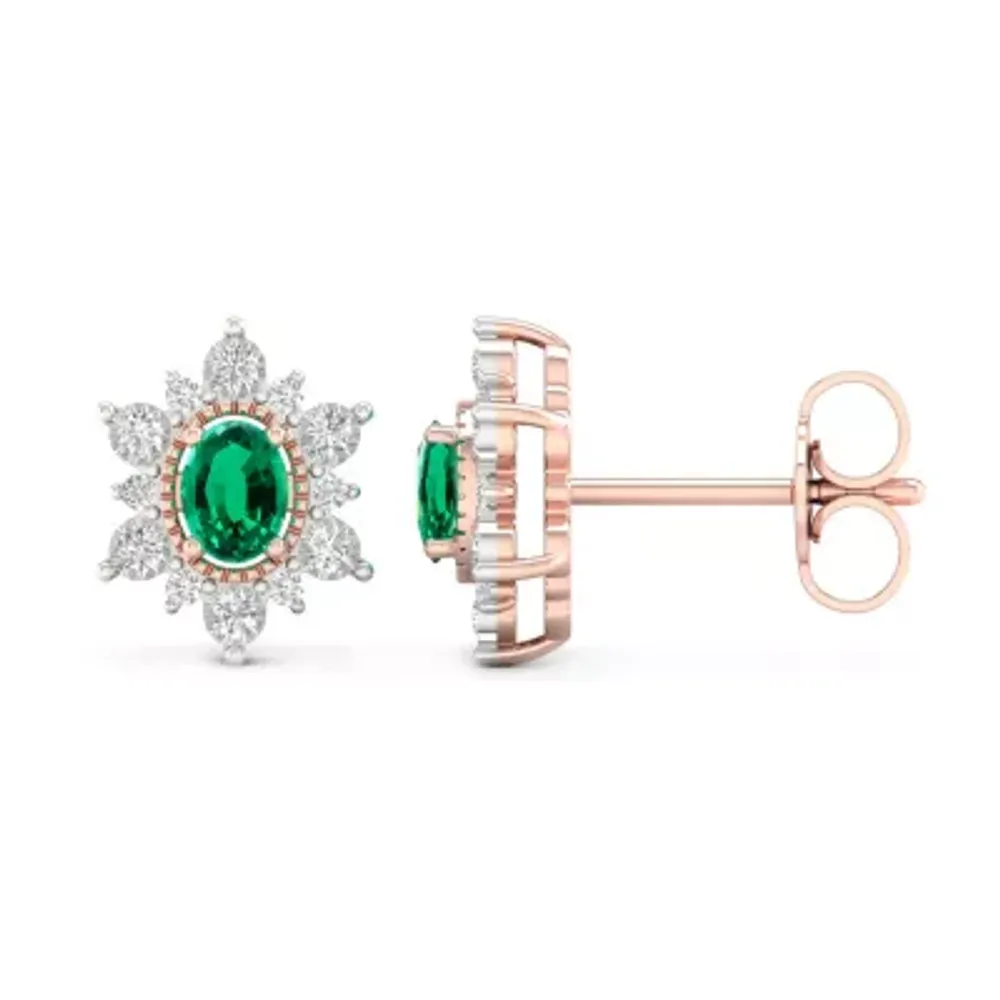 Genuine Green Emerald 10K Gold 11.4mm Flower Stud Earrings