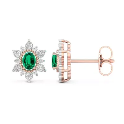 Genuine Green Emerald 10K Gold 11.4mm Flower Stud Earrings