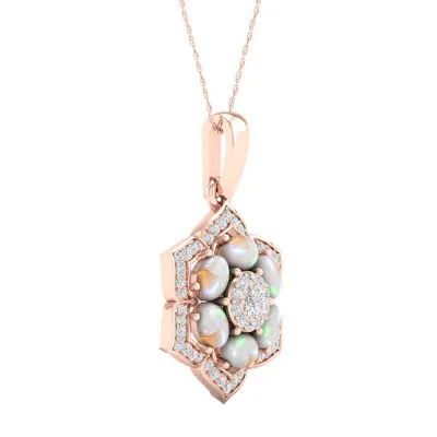 Womens Lab Created Opal 10K Rose Gold Over Silver Flower Pendant Necklace