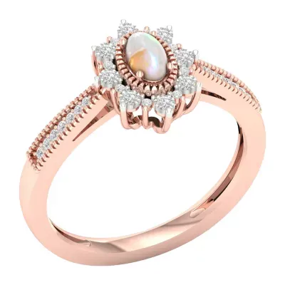 Womens Diamond Accent Genuine Opal 10K Rose Gold Cocktail Ring