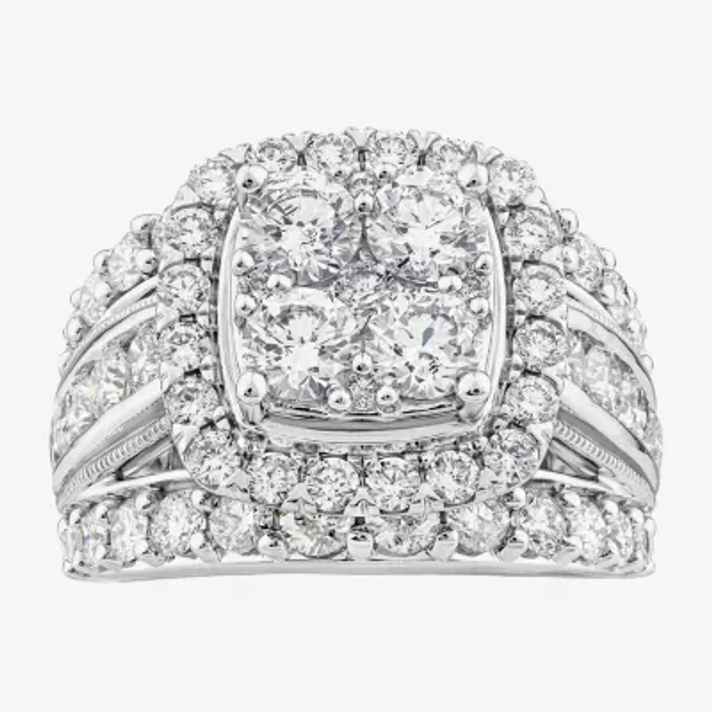 (I / I1) Womens 4 CT. T.W. Lab Grown White Diamond 10K Gold Cushion Side Stone Engagement Ring