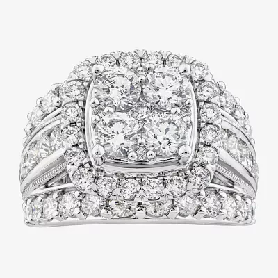 (I / I1) Womens 4 CT. T.W. Lab Grown White Diamond 10K Gold Cushion Side Stone Engagement Ring