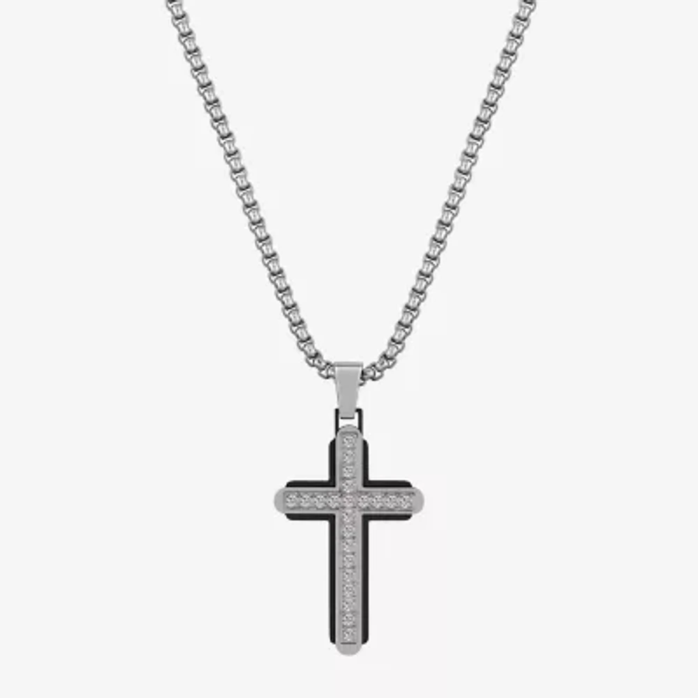 J.P. Army Mens Jewelry Cubic Zirconia Stainless Steel 24 Inch Box Cross Pendant Necklace