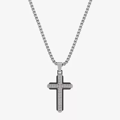 J.P. Army Mens Jewelry Cubic Zirconia Stainless Steel 24 Inch Box Cross Pendant Necklace