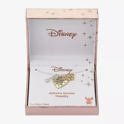 Disney Classics Ohana Charm Cubic Zirconia Pure Silver Over Brass 16 Inch Cable Heart Lilo & Stitch Pendant Necklace