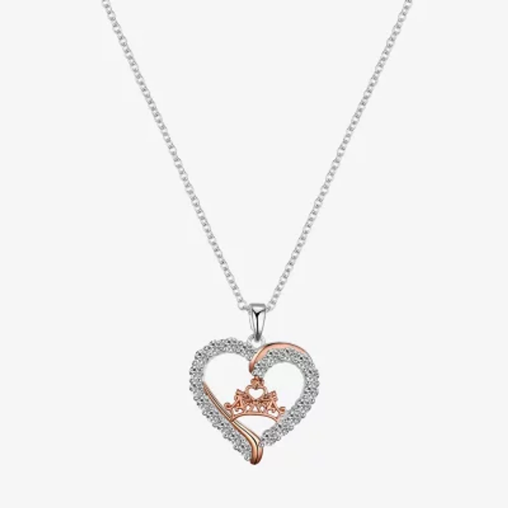 Disney Classics Womens Cubic Zirconia Pure Silver Over Brass Crown Heart 16 Inch Pendant Necklace
