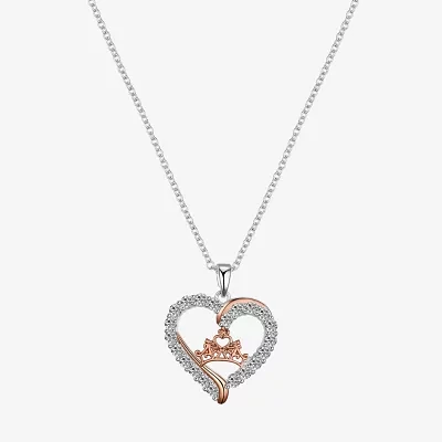 Disney Classics Womens Cubic Zirconia Pure Silver Over Brass Crown Heart 16 Inch Pendant Necklace