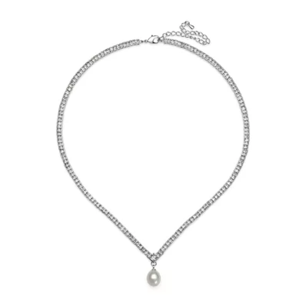 Silver Over Brass Cultured Freshwater Pearl and Cubic Zirconia Bridal Pendant Necklace