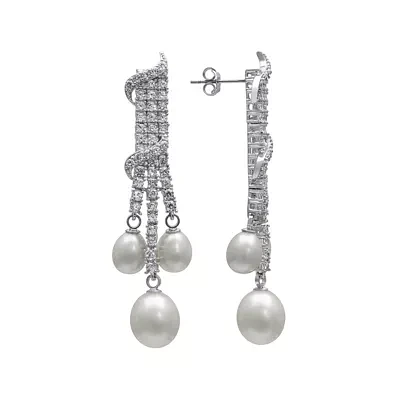 Silver Over Brass Cultured Freshwater Pearl and Cubic Zirconia Bridal Earrings