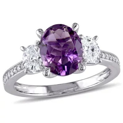 Modern Bride Gemstone Genuine Purple Amethyst and 5/8 CT.T.W. Diamond 3-Stone Engagement Ring 14K White Gold