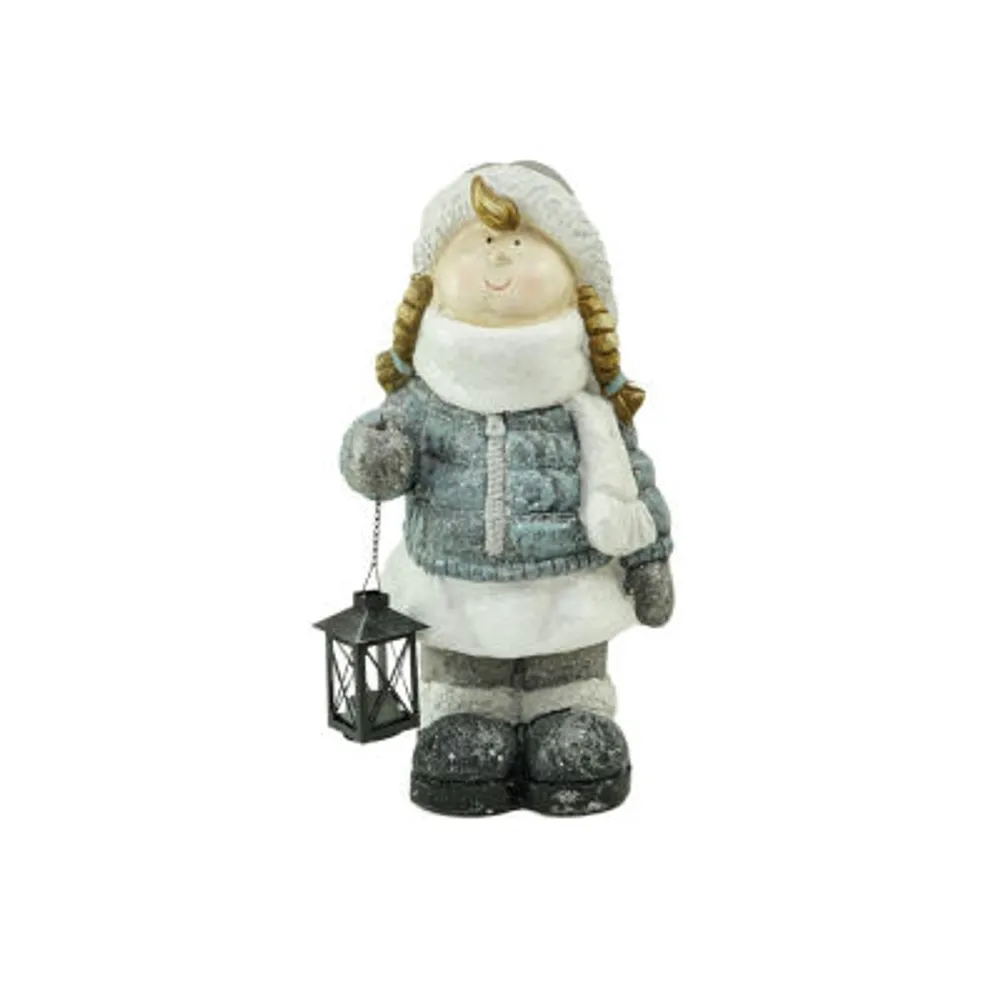 18'' Snowy Woodlands Little Girl Holding Tea Light Lantern Christmas Figurine