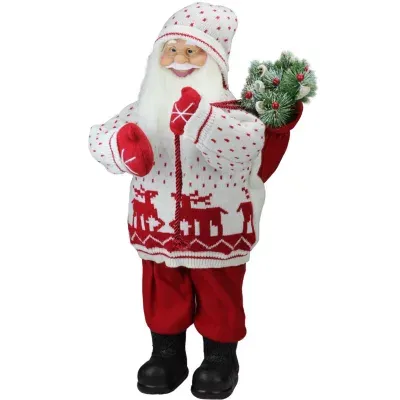 25'' White and Red Santa in Knit Deer Sweater with Sack of Pine Figure Decoration