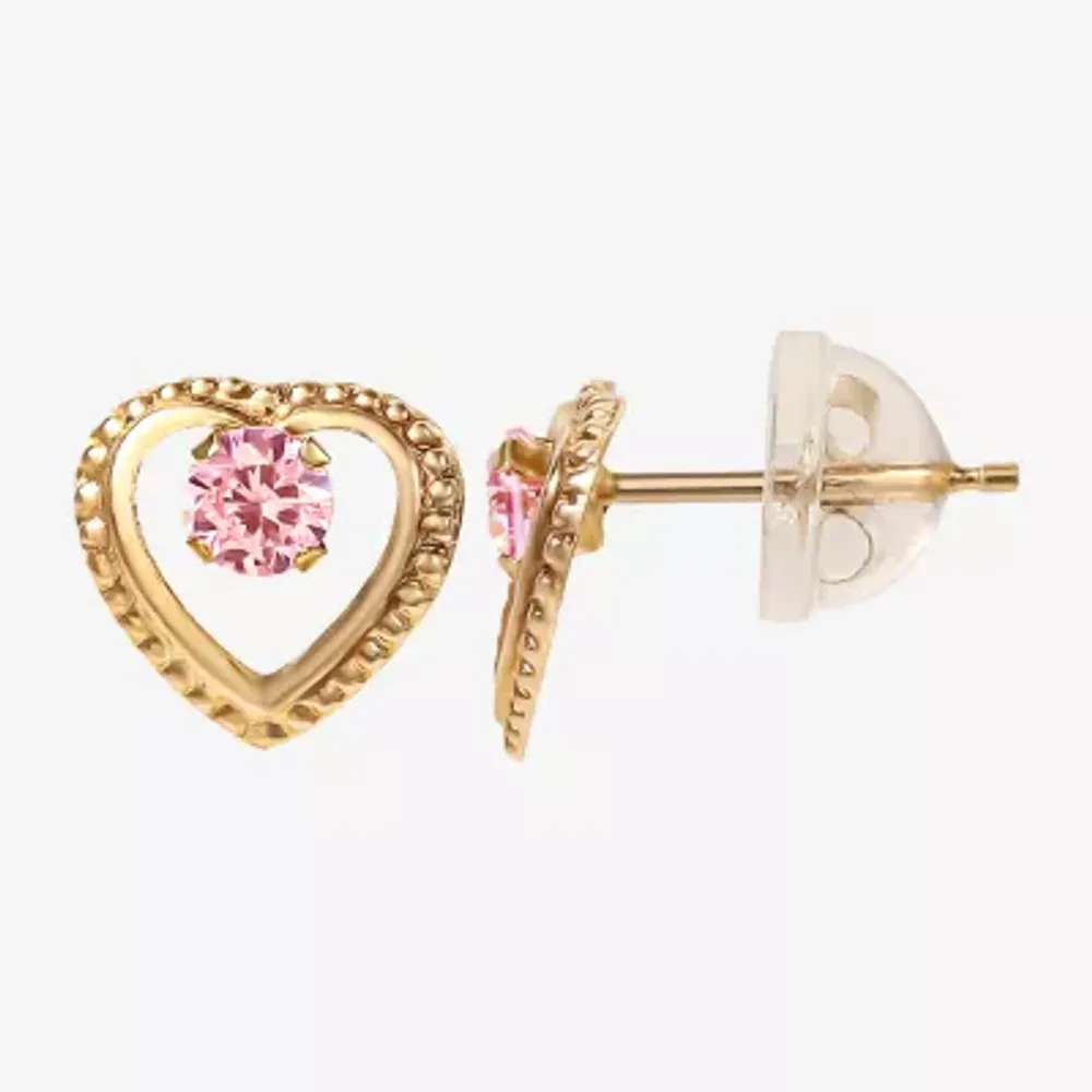 Pink Cubic Zirconia 14K Gold 7.6mm Heart Stud Earrings