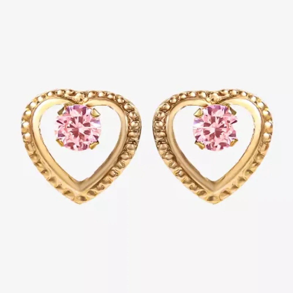 Pink Cubic Zirconia 14K Gold 7.6mm Heart Stud Earrings