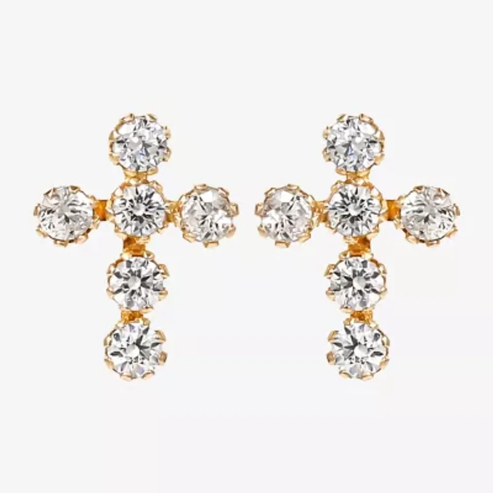 White Cubic Zirconia 14K Gold 7.3mm Cross Stud Earrings