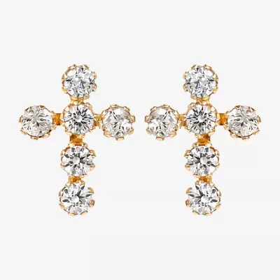 White Cubic Zirconia 14K Gold 7.3mm Cross Stud Earrings