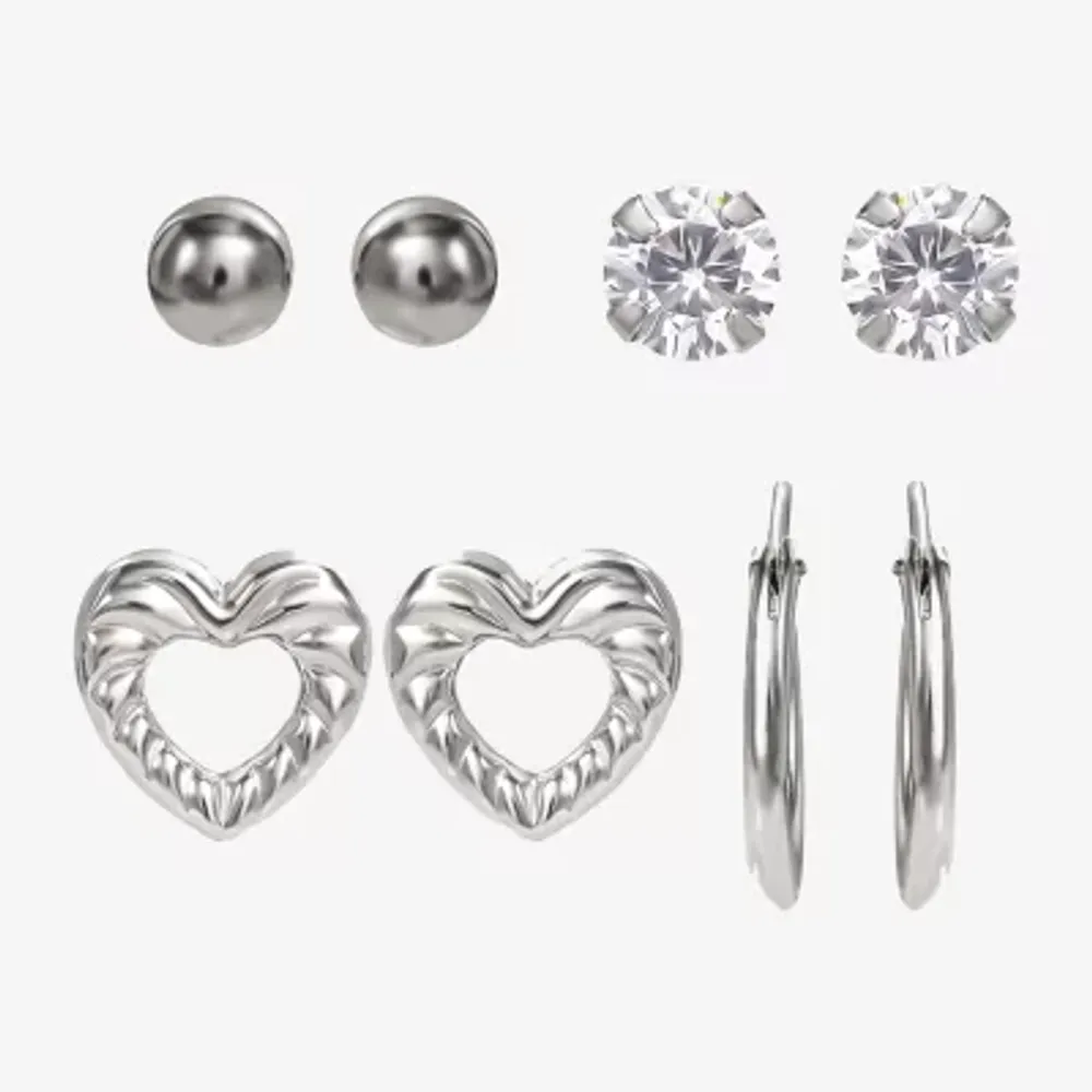 White Cubic Zirconia Sterling Silver Heart 4 Pair Earring Set