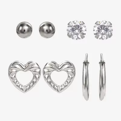 White Cubic Zirconia Sterling Silver Heart 4 Pair Earring Set