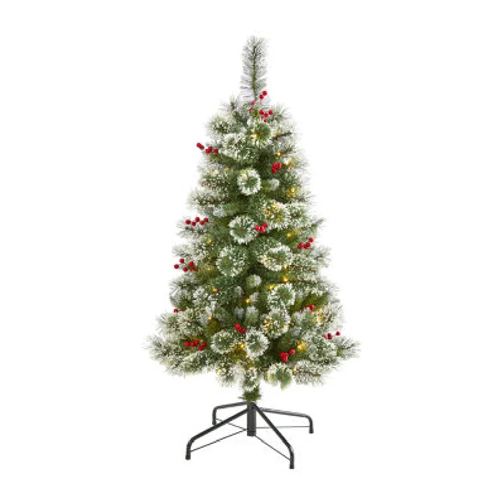 Nearly Natural Foot Frosted Swiss Flocked Pine With Berries And Clear Led Lights Pre-Lit Artificial Christmas Tree