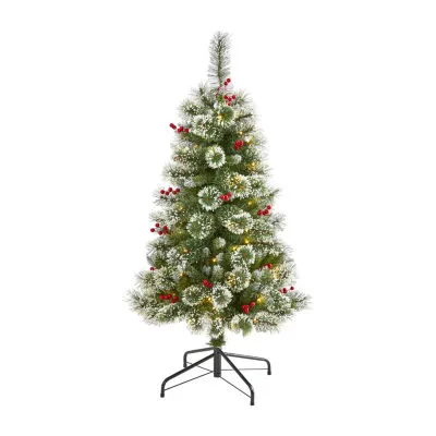 Nearly Natural 4 Foot Frosted Swiss Flocked Pine With  Berries And 100 Clear Led Lights Pre-Lit Artificial Christmas Tree