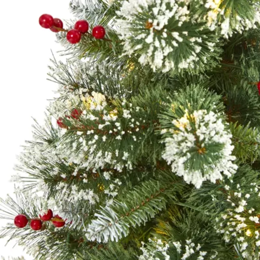 Nearly Natural Foot Frosted Swiss Flocked Pine With Berries And Clear Led Lights Pre-Lit Artificial Christmas Tree